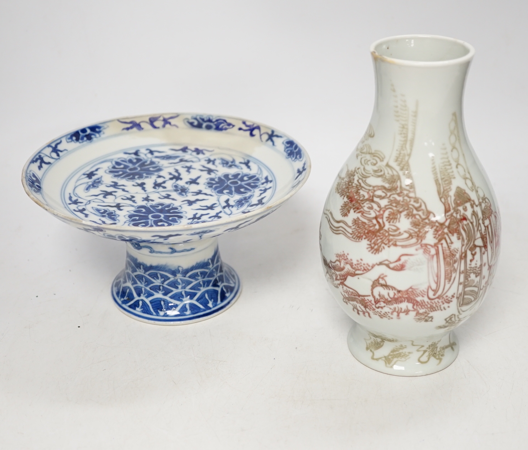 A Chinese underglaze copper red ‘herder and goats’ vase, Kangxi six character mark but Republic period and a Chinese blue and white lotus stem dish, six character Guangxu mark and period, both damaged